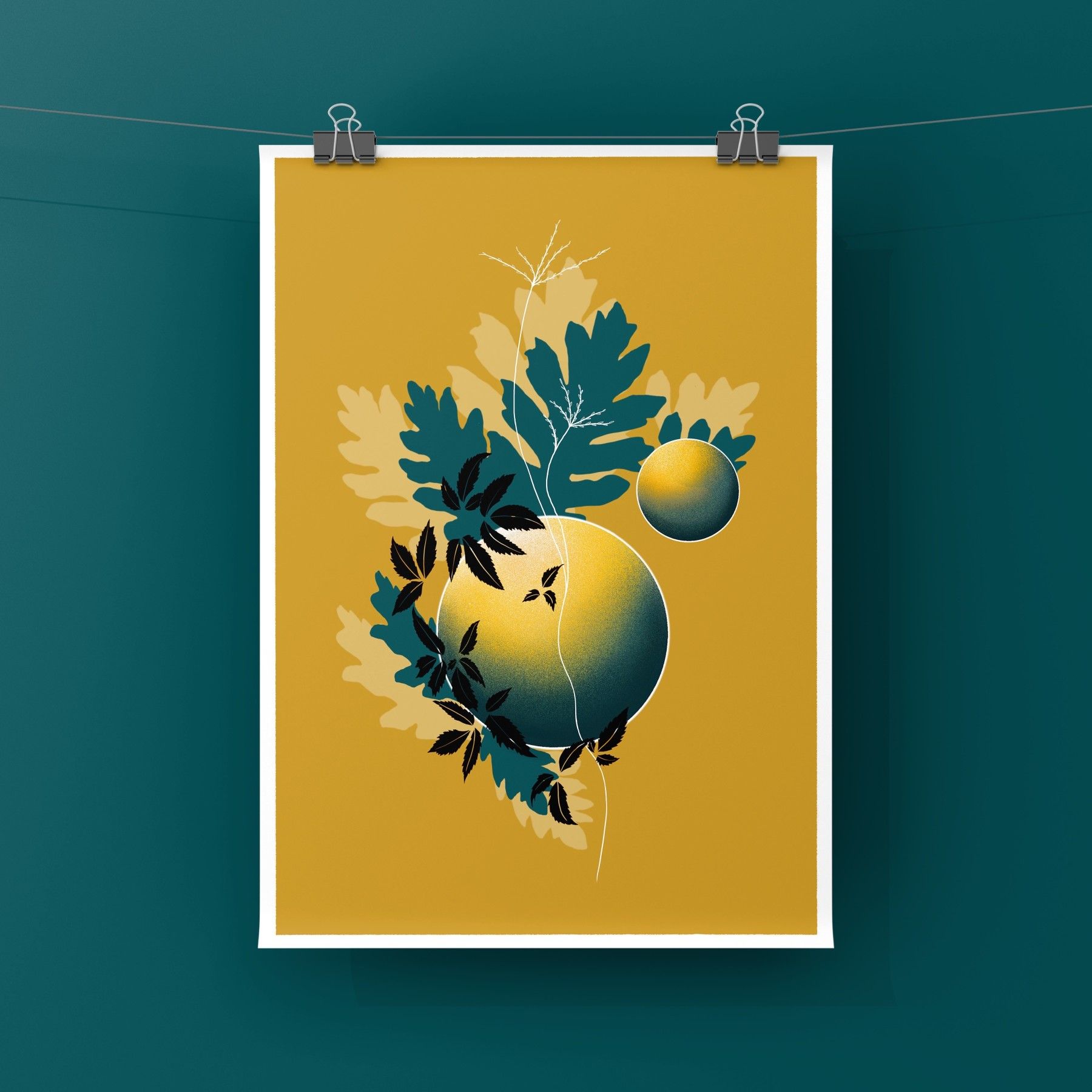 ILLUSTRATION A4 - Soleil Bleu - Affiche / Poster - Soleil, feuilles, nature, jaune et bleu