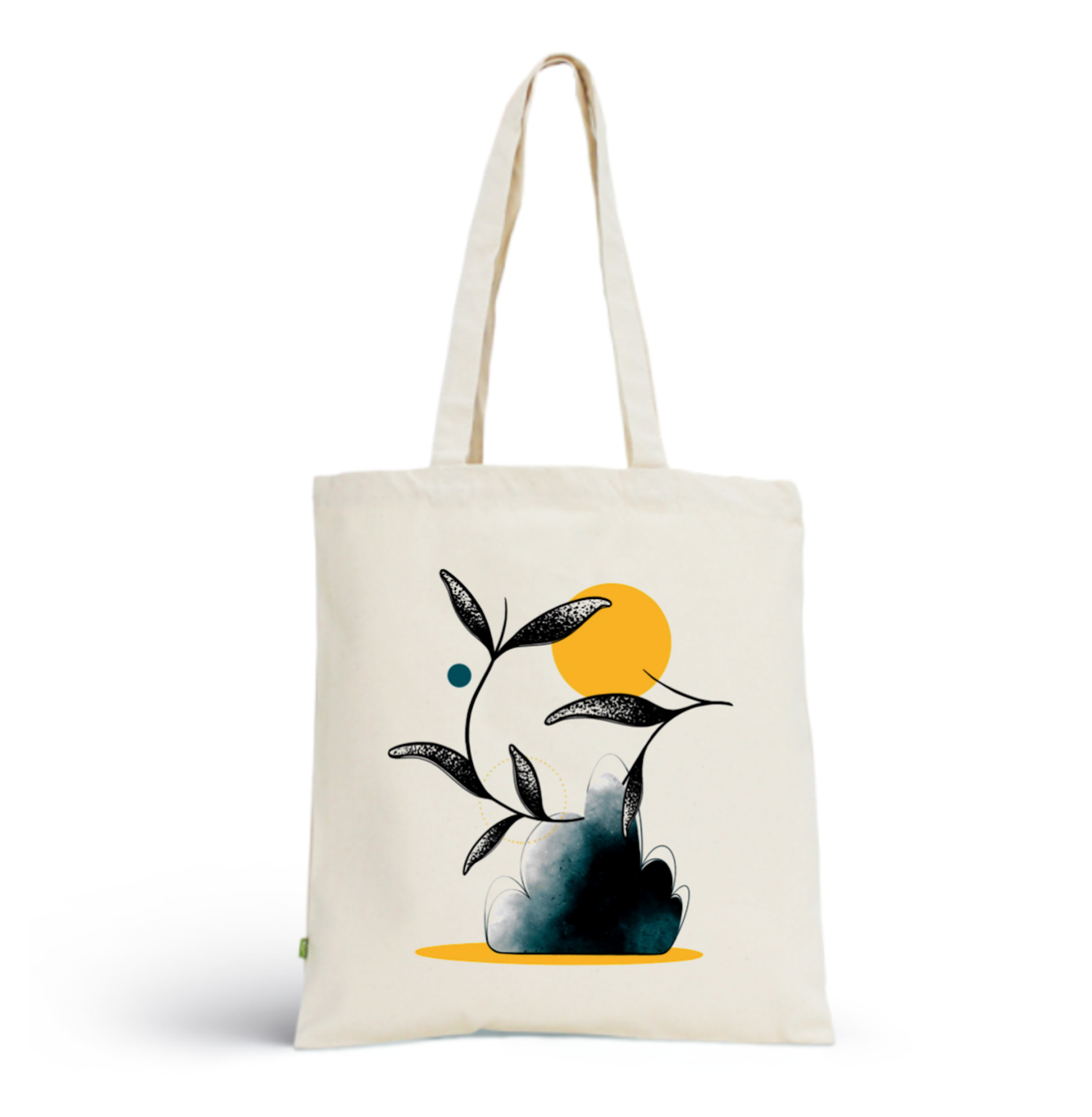 TOTE BAG BEIGE - Soleil Levant - Illustration soleil, feuilles, nature, bleu, jaune