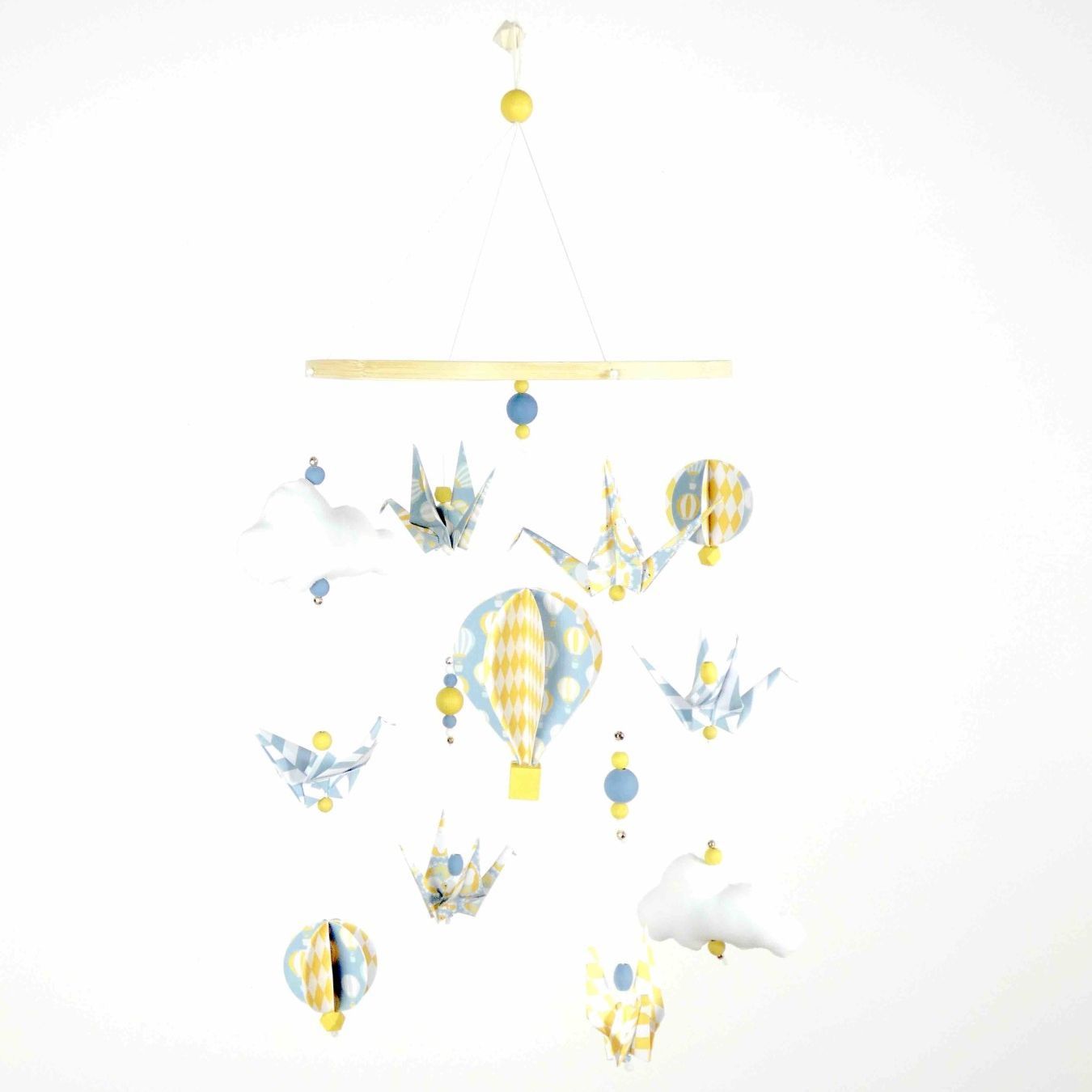 Mobile bébé montgolfière origamis jaune et bleu gris