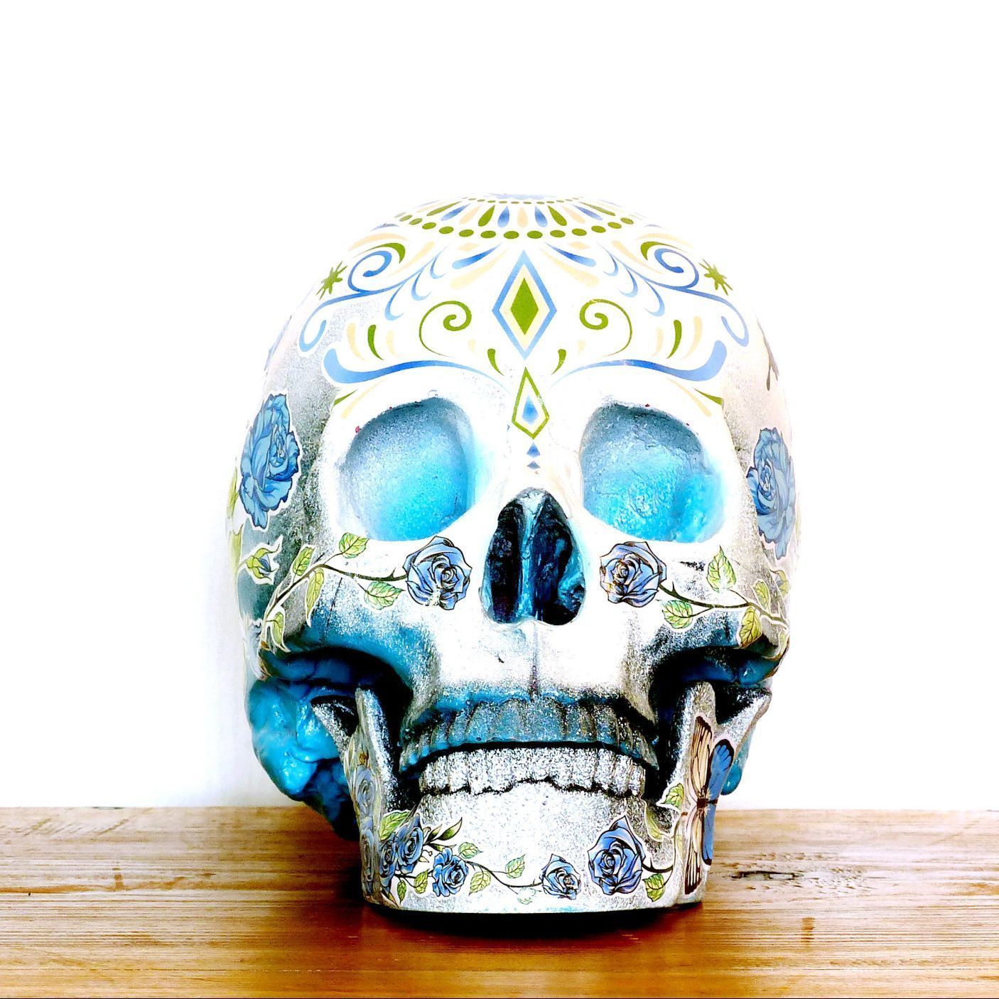 Tête de mort Skull xl Calaveras Dia de los muertos Rose bleue
